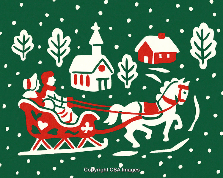 Traditional Winter Sleigh Ride Scene with Snowy Village and Horse Drawn Sleigh