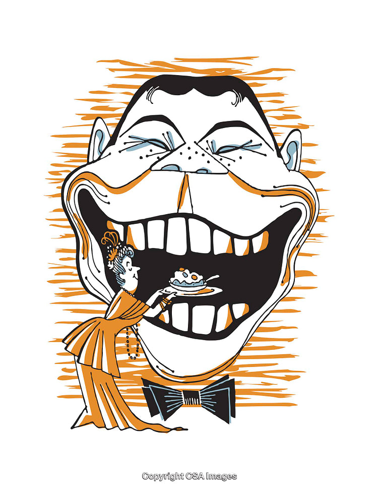 Whimsical Illustration of Oversized Laugh With Lady Serving Dessert