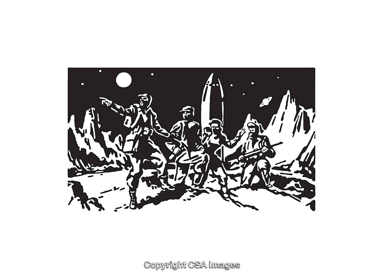 Black and White Line Art Depicting Sci-Fi Characters on an Alien Planet