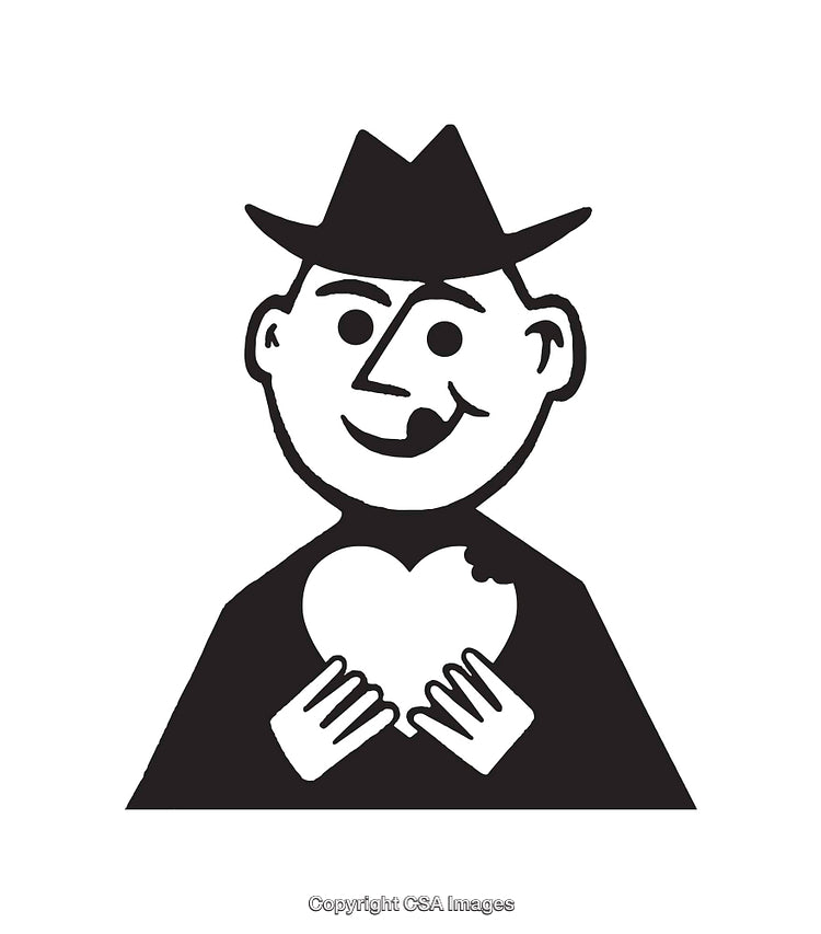 Black and White Illustration of a Smiling Character Holding a Heart
