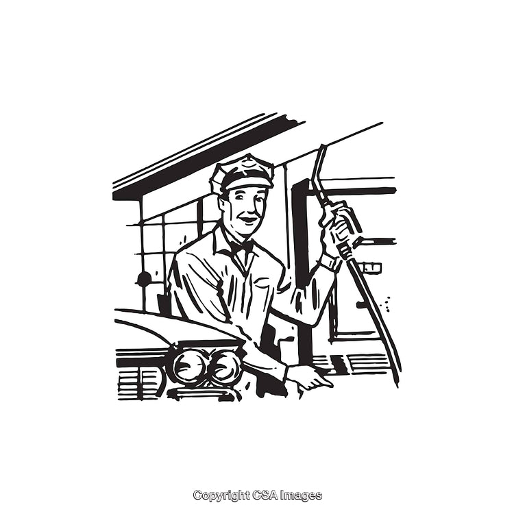Retro Black and White Gas Station Artwork Featuring Attendant