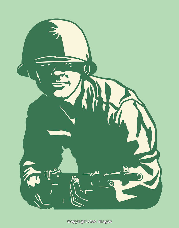 Retro Styled Soldier Artwork in Minimalistic Green Tone Illustrations