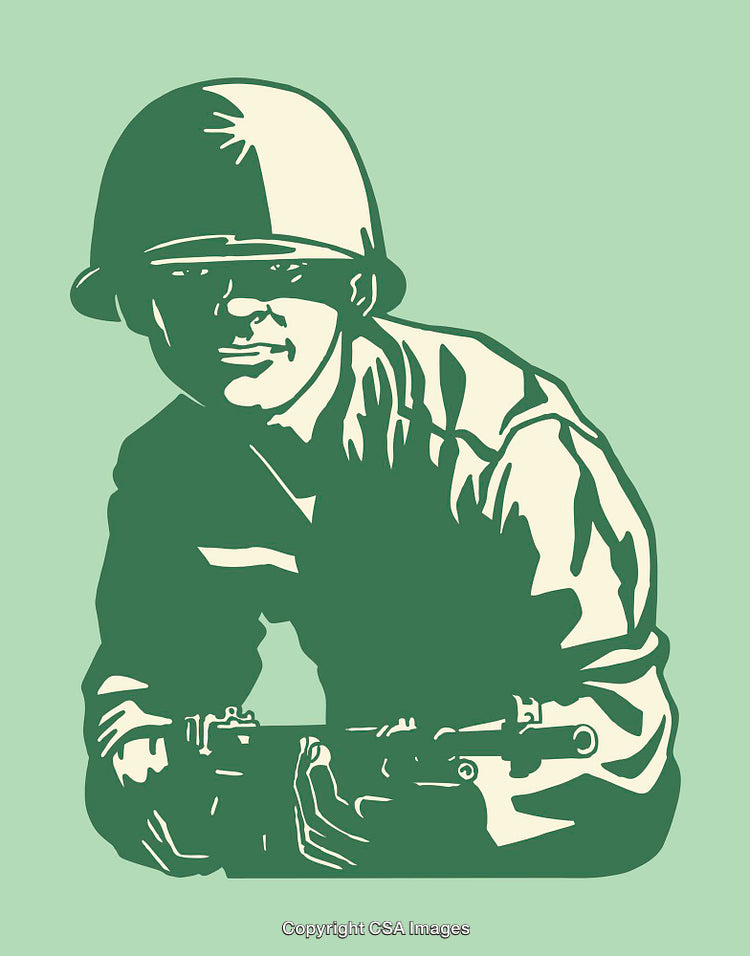 Retro Styled Soldier Artwork in Minimalistic Green Tone Illustrations