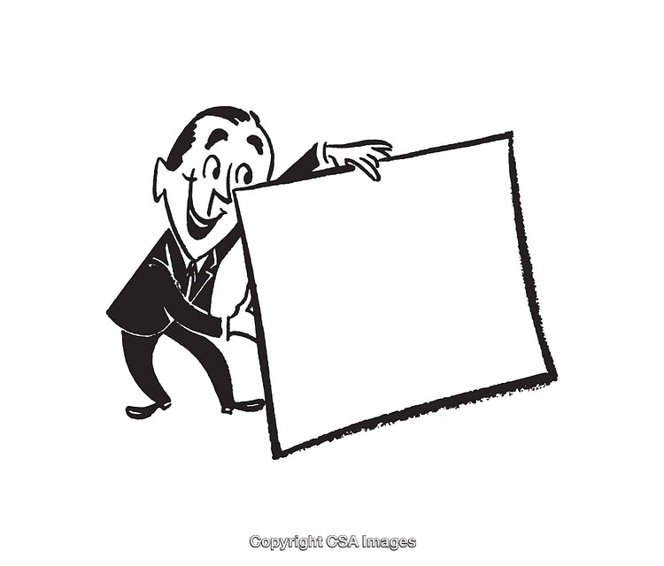 Retro Styled Businessman Holding a Blank Sign for Custom Text Placement