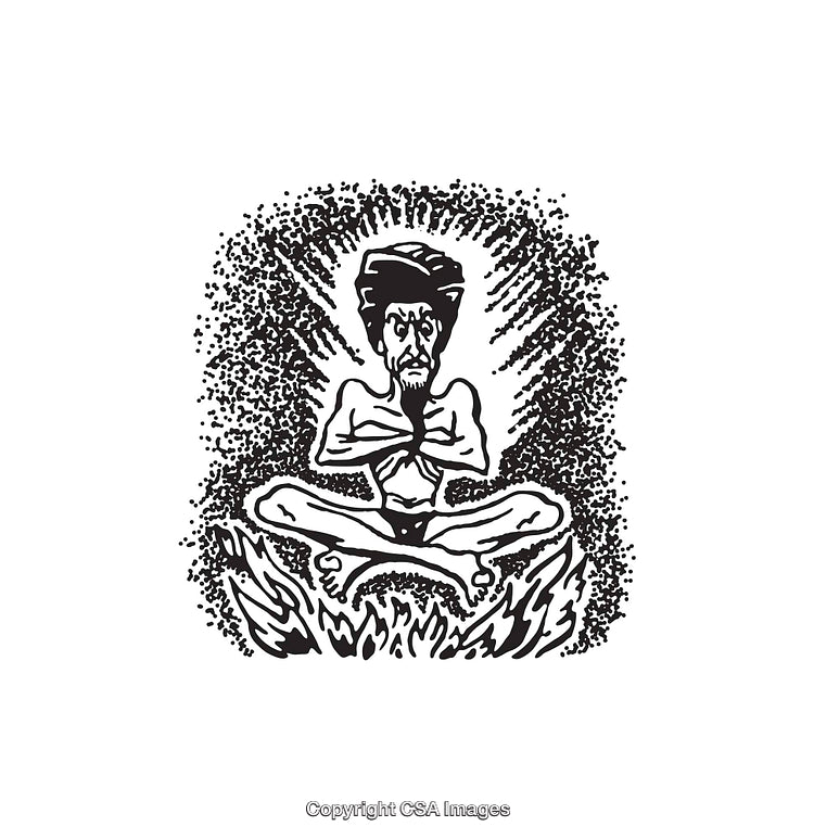 Black And White Illustration of a Person Meditating Surrounded by Flames and Energy