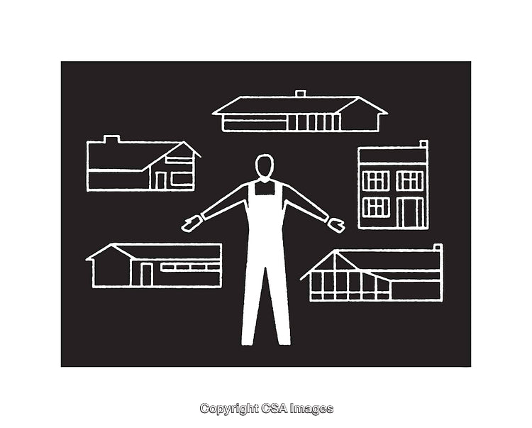 Black and White Line Art Featuring Houses and a Standing Figure Concept