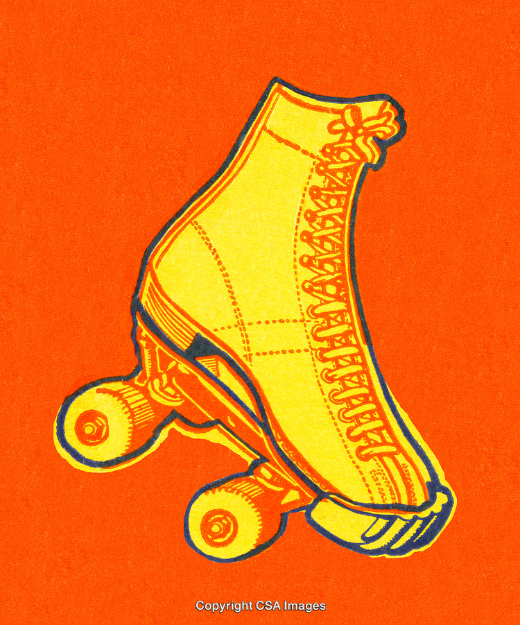 Vintage Yellow Roller Skate Illustration on Bright Orange Background
