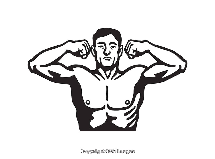 Black and White Line Art of Muscular Man Posing Flexing Arms