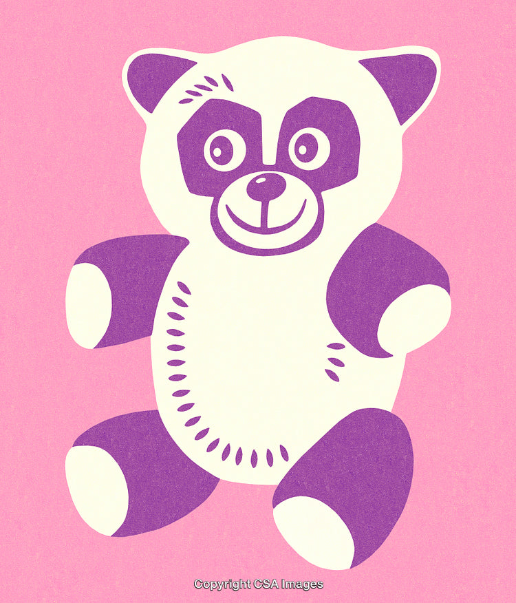 Illustrated Purple and White Panda Toy with Vibrant Pink Background