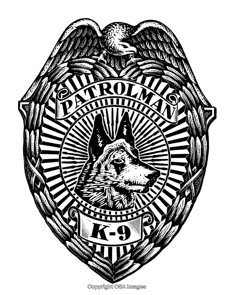 Detailed Black and White Engraving of Patrolman K-9 Badge with Eagle Emblem