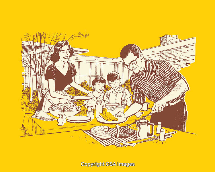 Retro Family Barbecue in Vibrant Yellow Outline Artwork