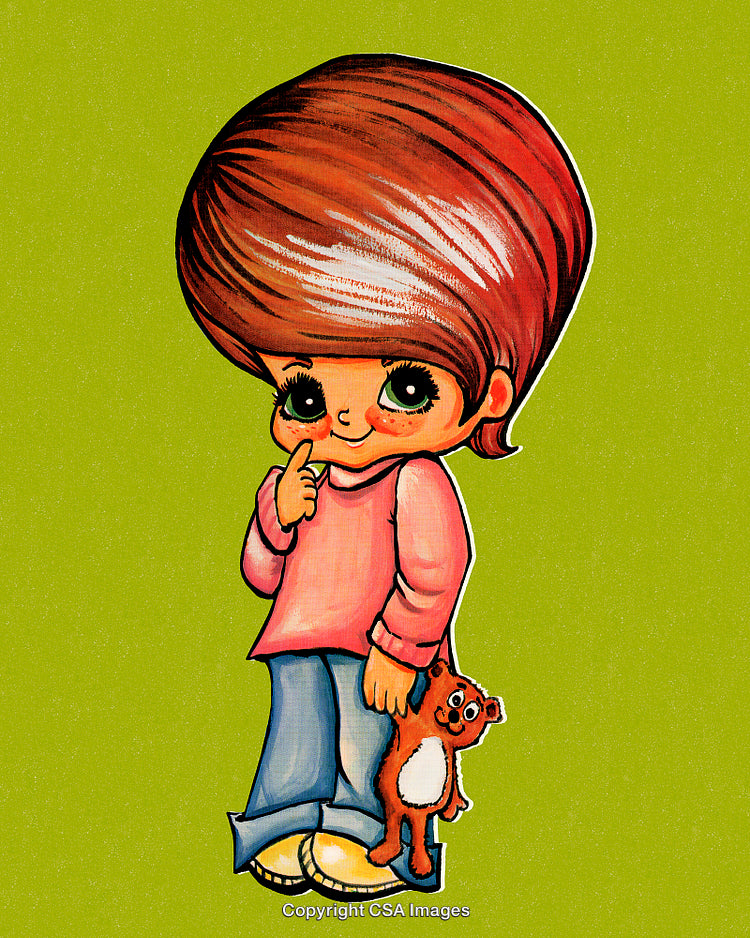 Cute Cartoon Child with Toy Standing on Green Background