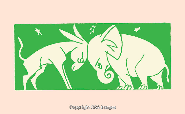 Illustration of Elephant and Donkey in Symbolic Conflict Standoff