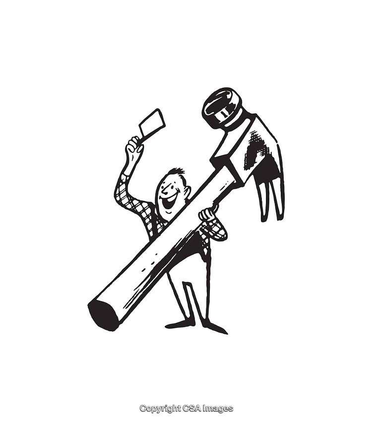 Retro Black and White Illustration of a Person Holding a Giant Hammer
