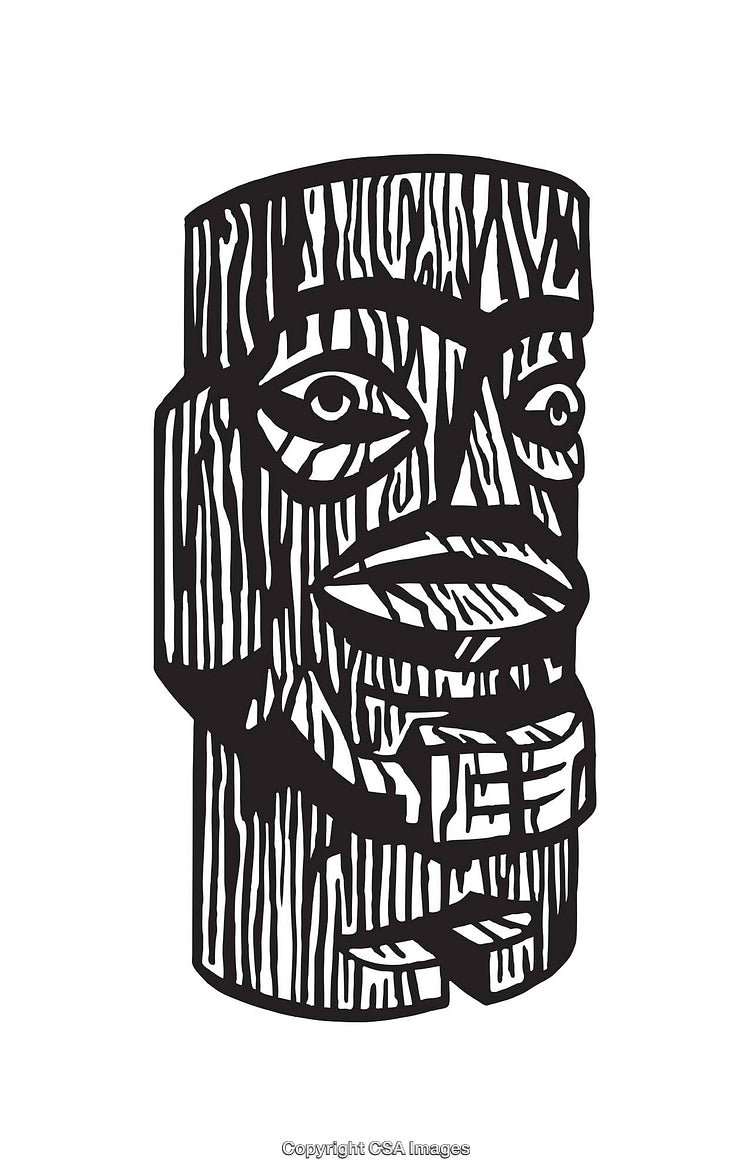 Black and White Tribal Mask Illustration with Distinct Wood Texture Pattern