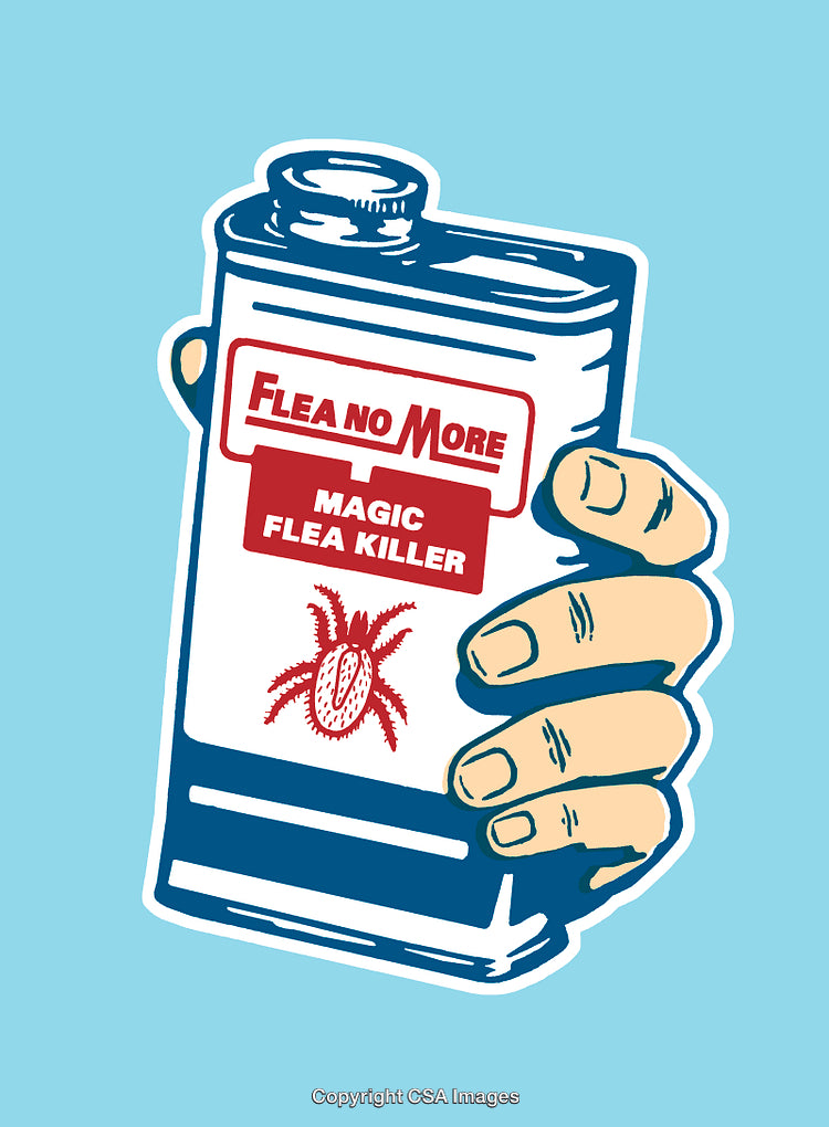 Illustration of a Hand Holding a Flea Killing Solution Container on Blue Background