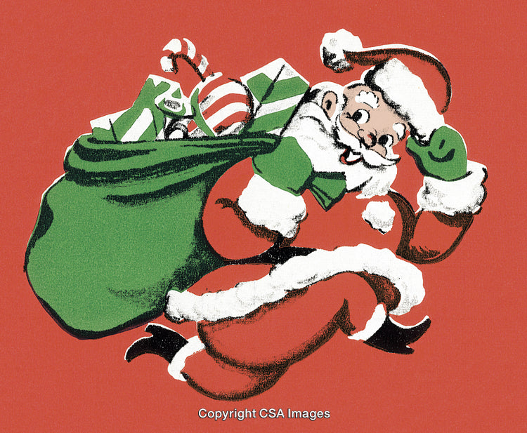 Vintage Illustration of Santa Claus Carrying a Sack of Gifts on Red Background
