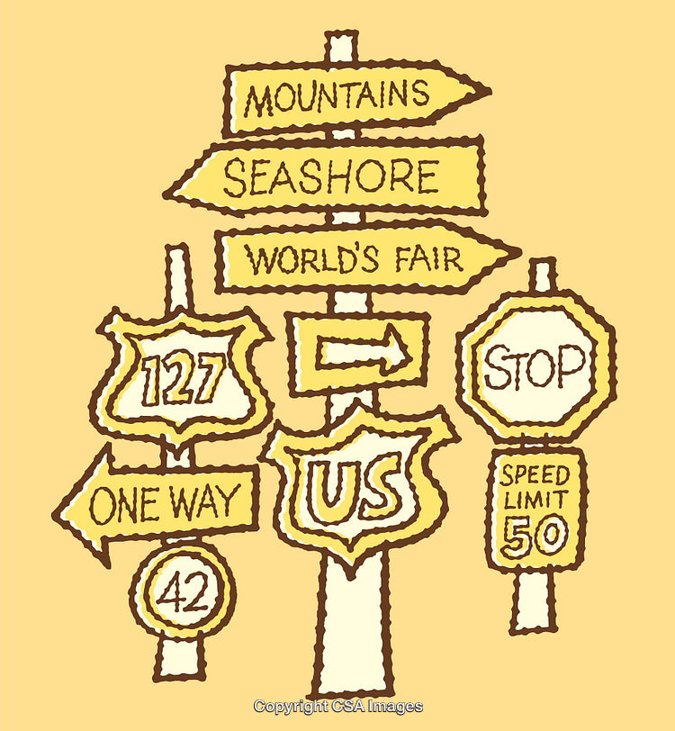 Color Line Art Illustration of Vintage Guide and Traffic Signs