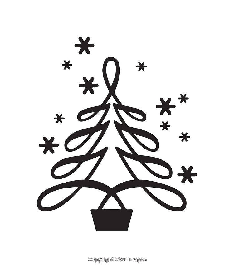 Black and White Line Art Christmas Tree with Snowflake Design Elements