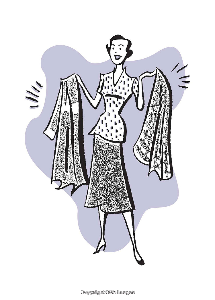 Vintage Illustration of Woman Displaying Fabrics in Retro Style