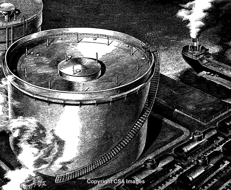 Detailed Engraved Scene of Industrial Tanks and Transport Vehicles