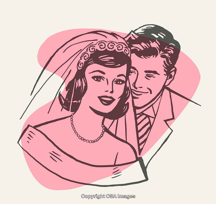 Retro Style Illustration of a Happy Bride and Groom Portrait