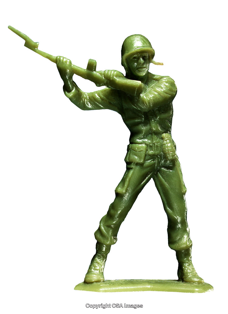 Green Plastic Toy Soldier Figure in Action Stance Isolated on White Background