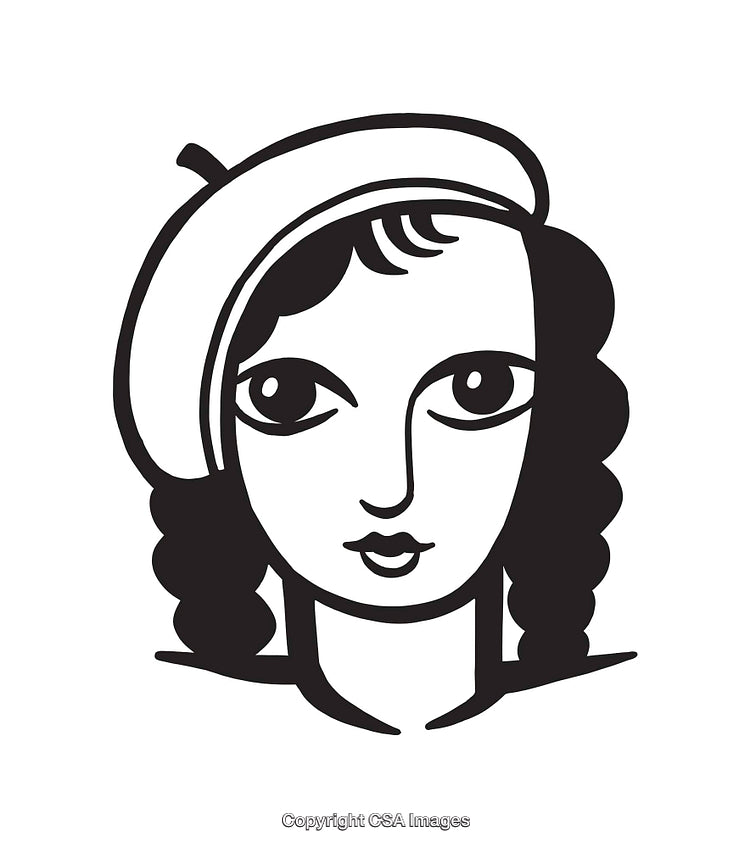 Black And White Illustration Of A Woman Wearing A Classic Beret