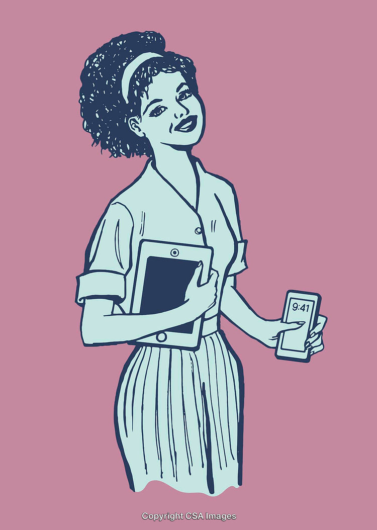 Illustration of a Smiling Woman Holding Digital Devices on a Pink Background