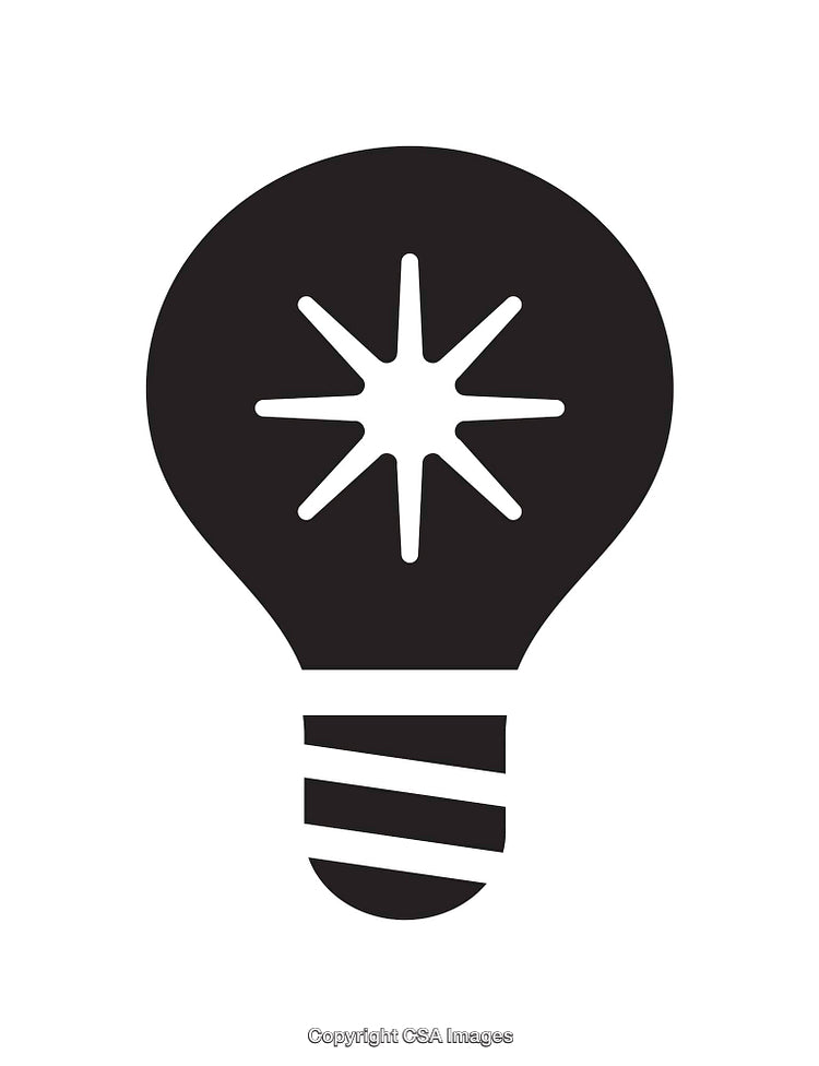 Black and White Lightbulb Icon with Starburst Center Design