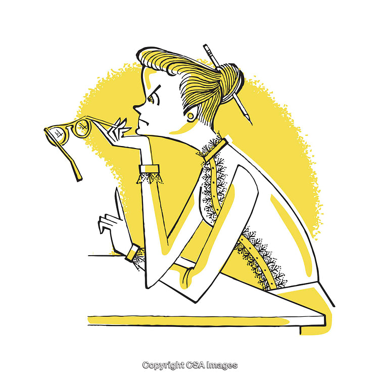 Illustration of a Thoughtful Person Holding Glasses with Yellow Color Scheme