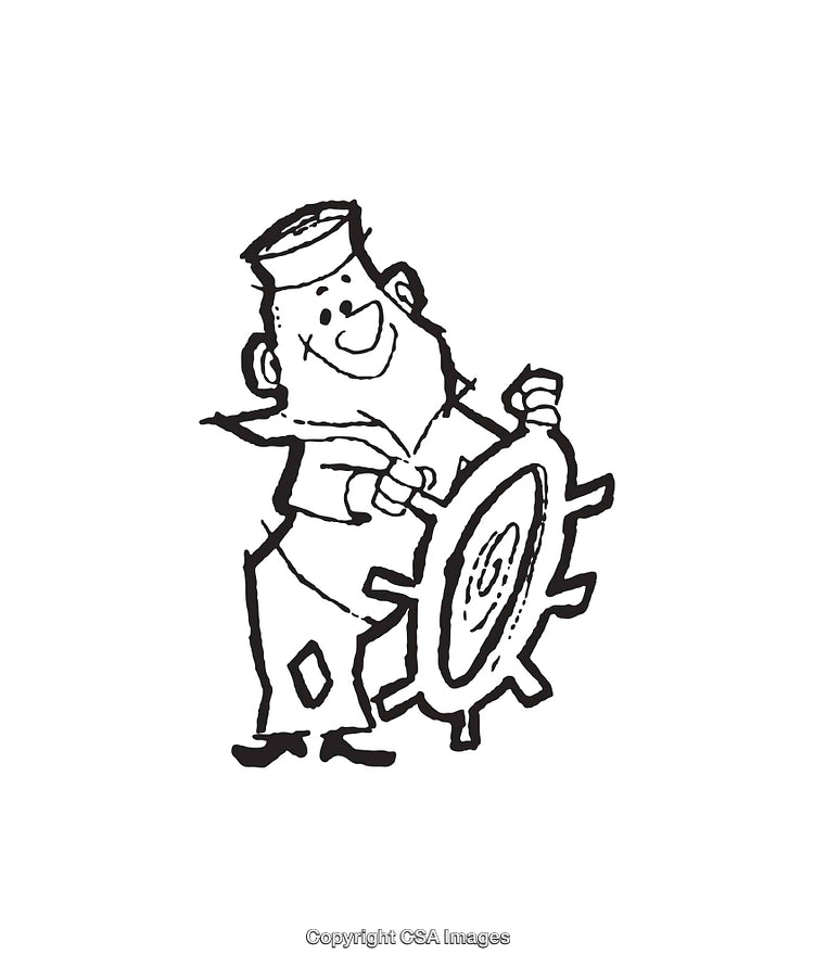 Black and White Line Art of a Sailor Steering a Ship Wheel