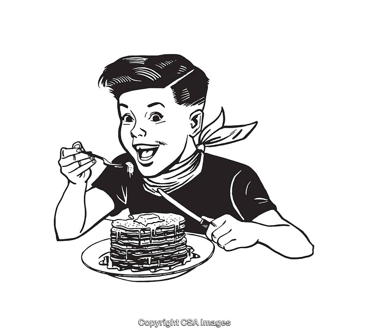 Vintage Line Art of Boy Enjoying Pancakes and Smiling Happily
