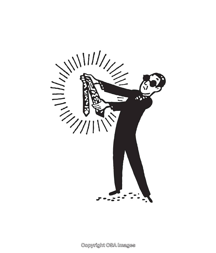 Illustration of a Man Admiring a Tie in Black and White Style