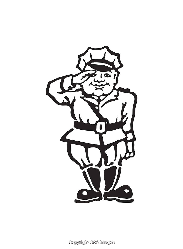 Black And White Illustration of a Saluting Policeman Character