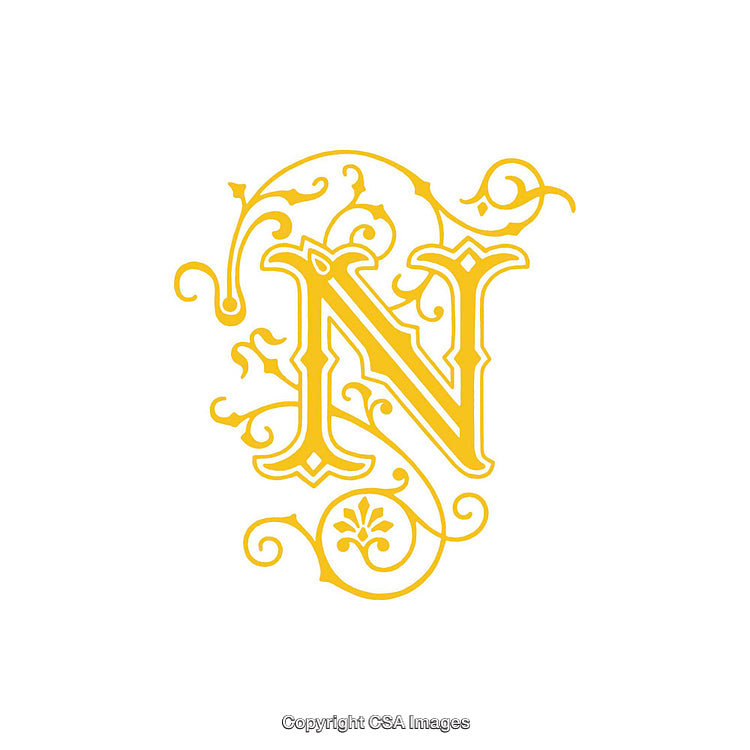 Elegant Ornamental Yellow Letter 'N' with Intricate Flourish Design