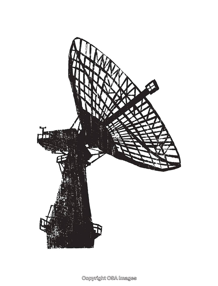Detailed Black And White Illustration of a Satellite Communication Dish