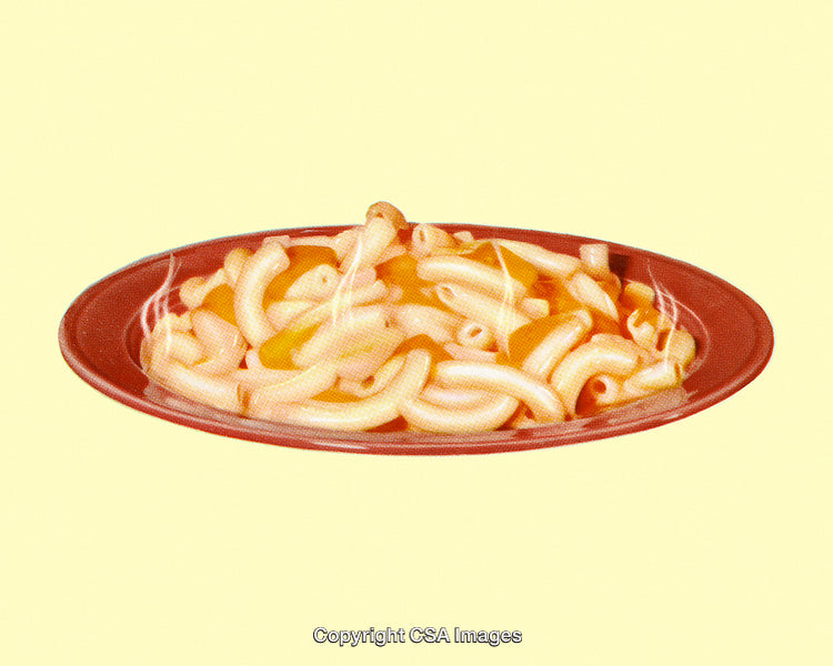 Steamed Macaroni on a Vibrant Red Plate Set Against Pastel Yellow