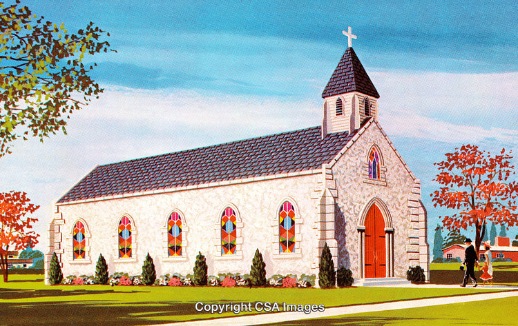 Beautiful Illustration of a Small Stone Church with Stained Glass Windows