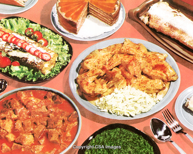Eclectic Spread of Vibrant Dishes on a Textured Retro Print Design