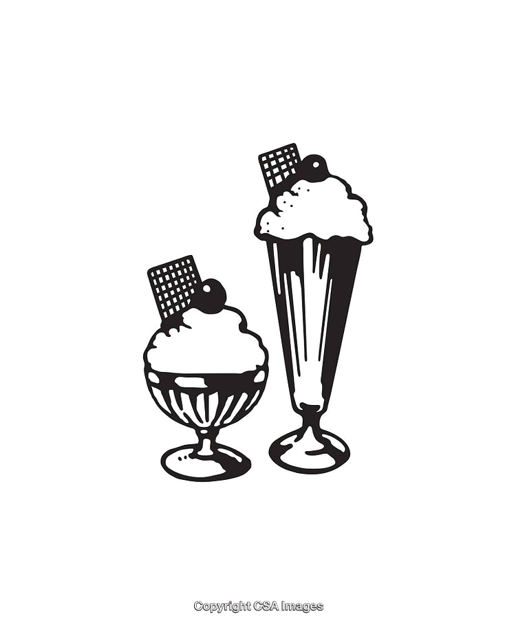 Black and White Line Art of Ice Cream Desserts in Cups and Glasses