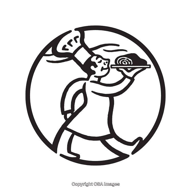 Chef Carrying a Dish in Black and White Line Art Illustration