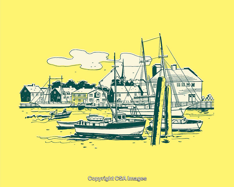 Colorful Line Art Illustration of a Coastal Harbor Scene with Boats
