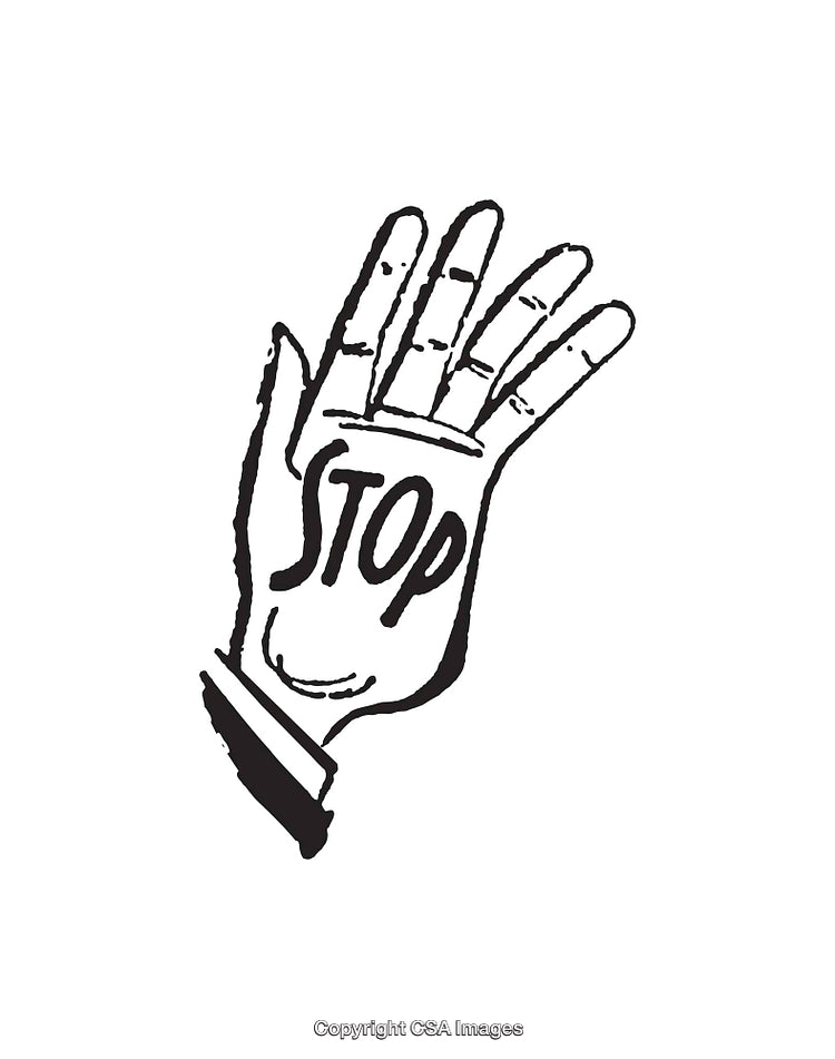 Black and White Line Art Illustration of Hand Gesture with Stop Text