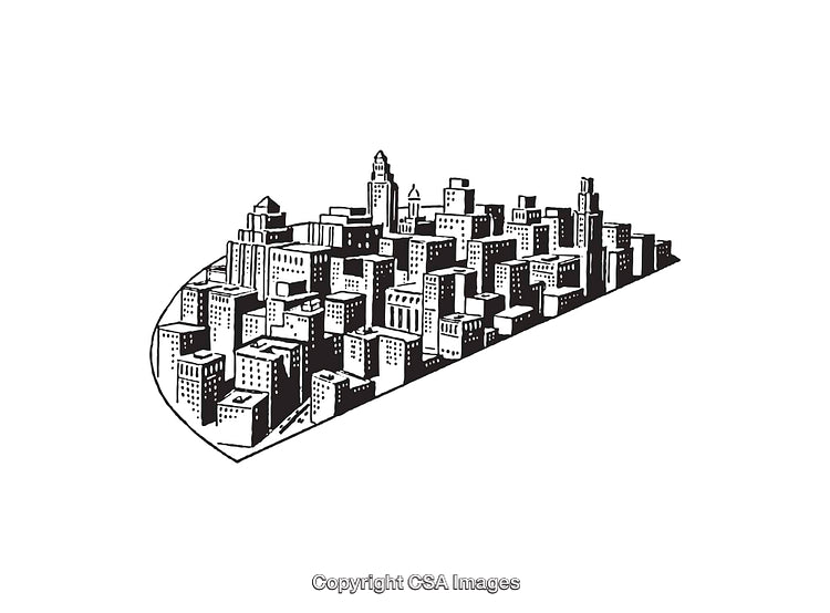Black and White Line Art Illustration of a Cityscape
