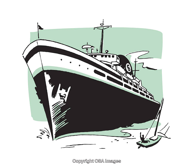 Vintage Style Illustration of a Large Ocean Liner with Sailboat