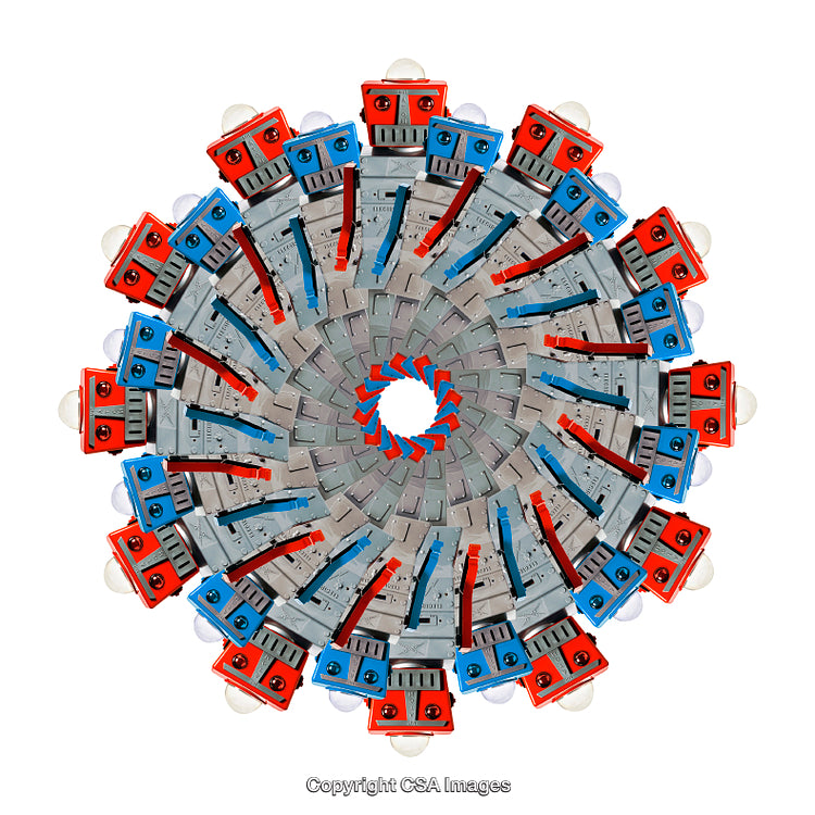 Mandala Pattern Featuring Vintage Robot Toys in Red and Blue Colors