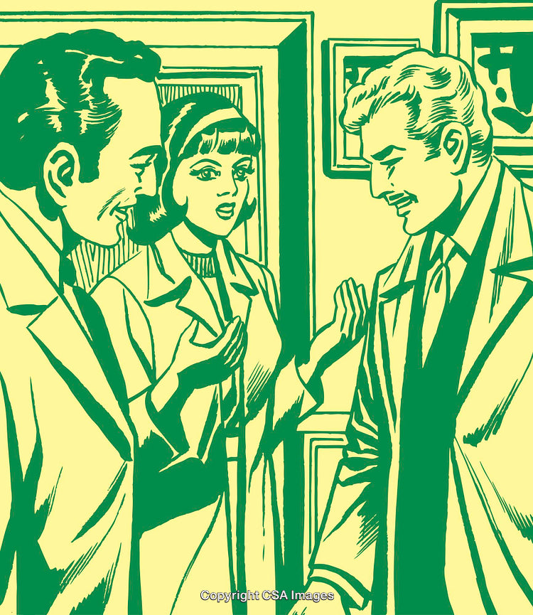 Retro Styled Illustration of Discussion Between Three Business Colleagues in Office