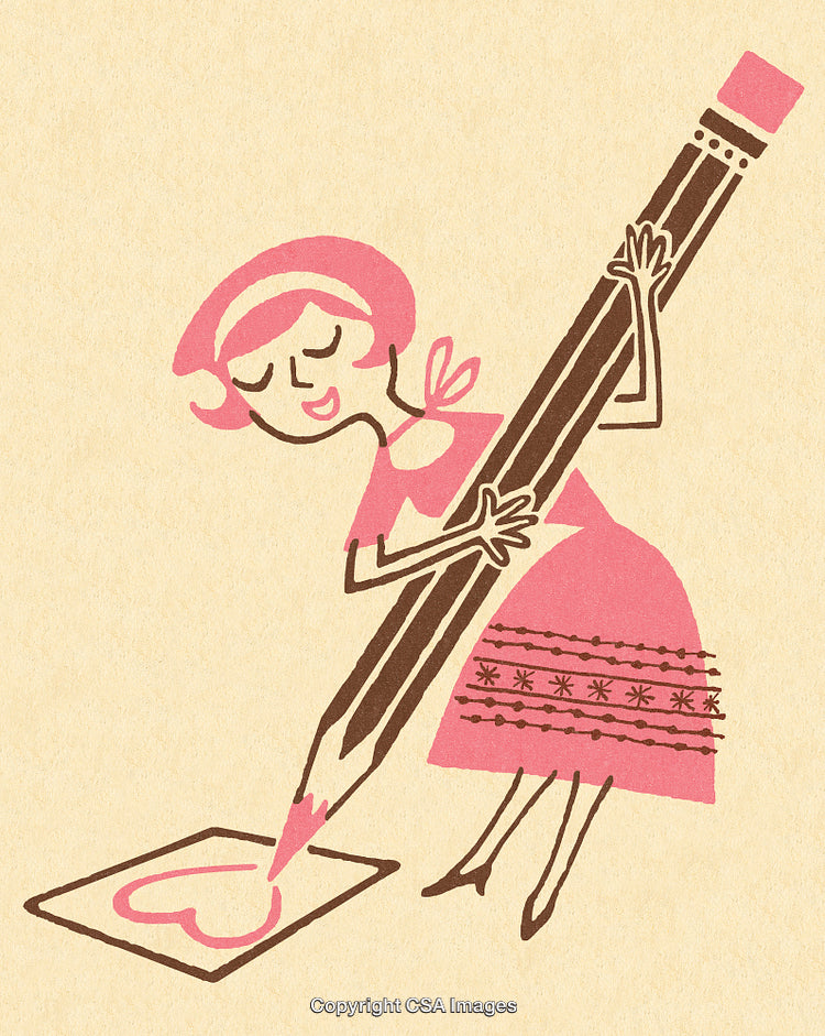 Whimsical Illustration of a Woman Drawing a Heart with a Giant Pencil