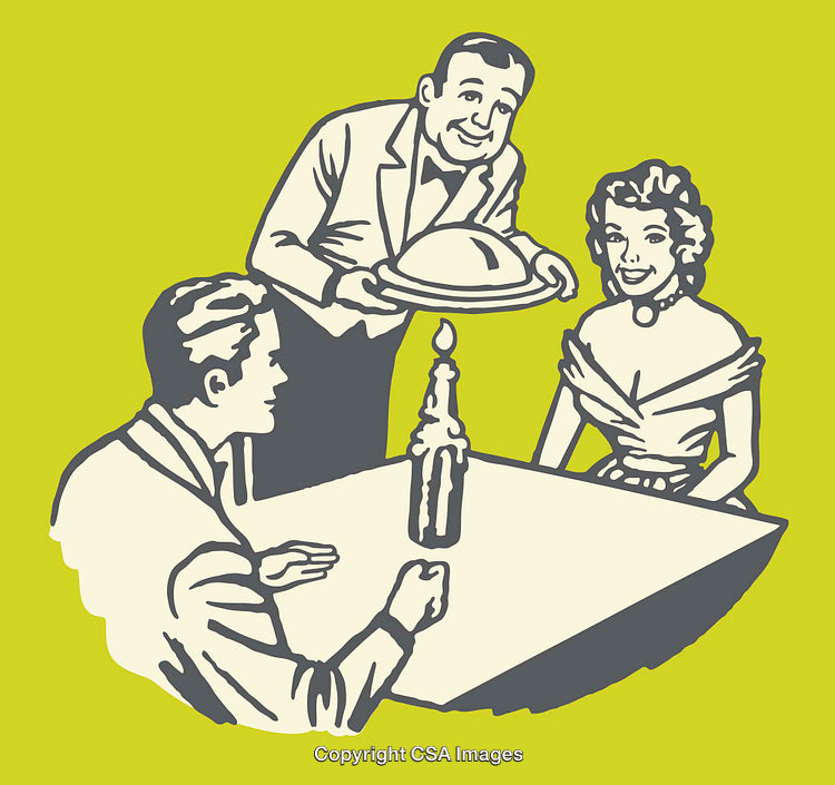 Retro Illustration of Waiter Serving a Meal to a Dining Couple